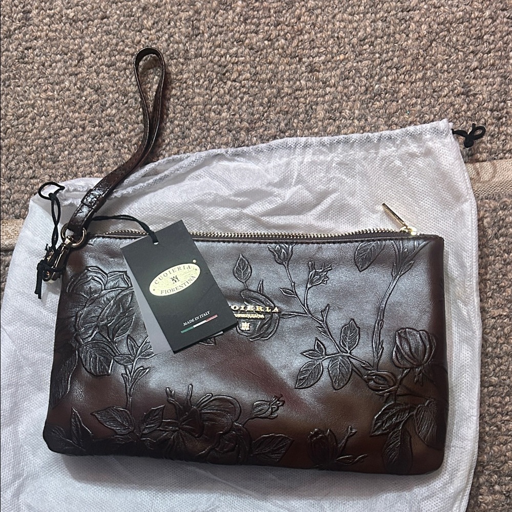 Cuoieria Fiorentina Dark Brown Floral Embossed Wristlet Italian leather